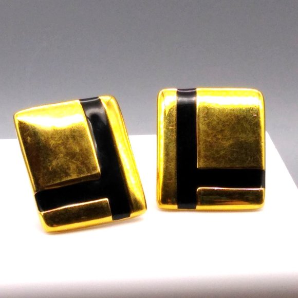 Vintage Napier Linear Rectangle Earrings, Gold Tone Clip Ons with Black Enamel - Picture 2 of 5